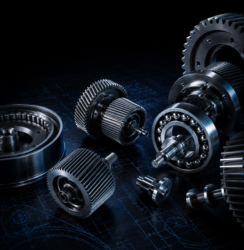 Conjunto de componentes, engrenagens e rolamentos industriais